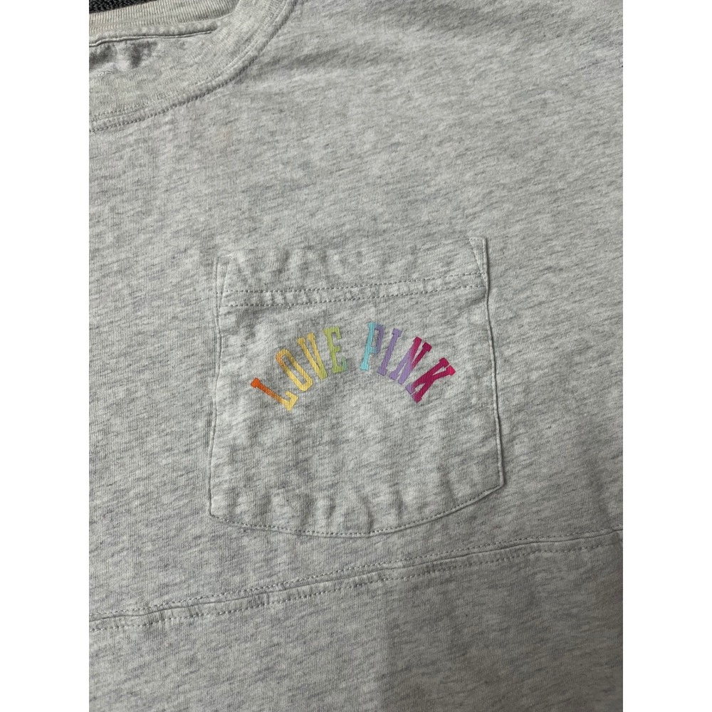 Victorias Secret PINK Varsity Jersey‎ Tee Gray Rainbow Logo Pocket Shirt XS